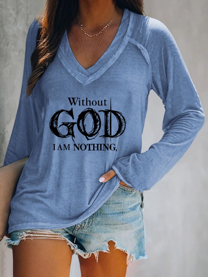 Damen Vintage Faith „Ohne Gott bin ich nichts“, bedrucktes Freizeit-T-Shirt mit V-Ausschnitt