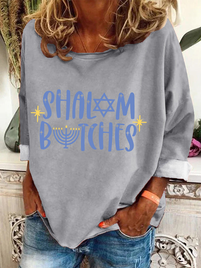 Women's Hanukkah Shalom Bitches Print Casual Long-Sleeve Top