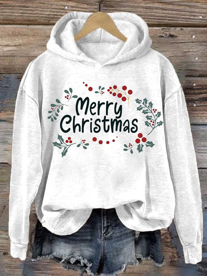 Women's Christmas Holly Print Hooded Sweatshirt