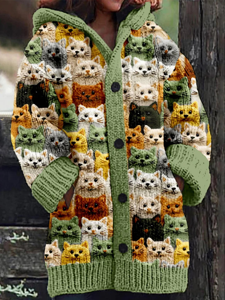 Colorful Spring Cats Pattern Cozy Hooded Cardigan