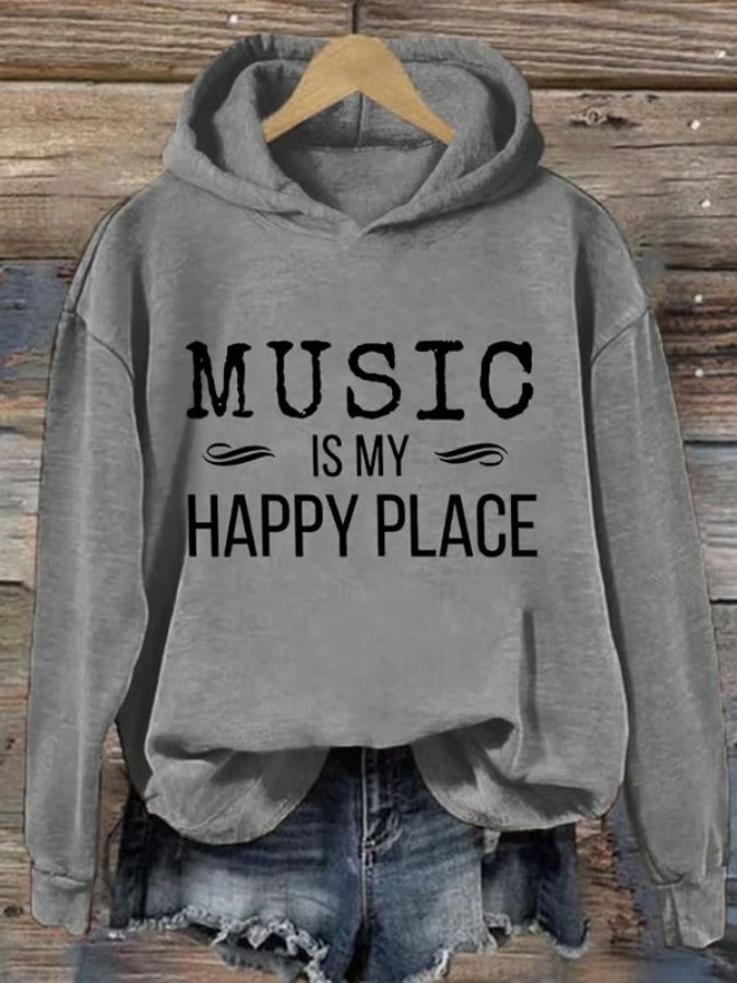 Retro Music Is My Happy Place Print Hoodie