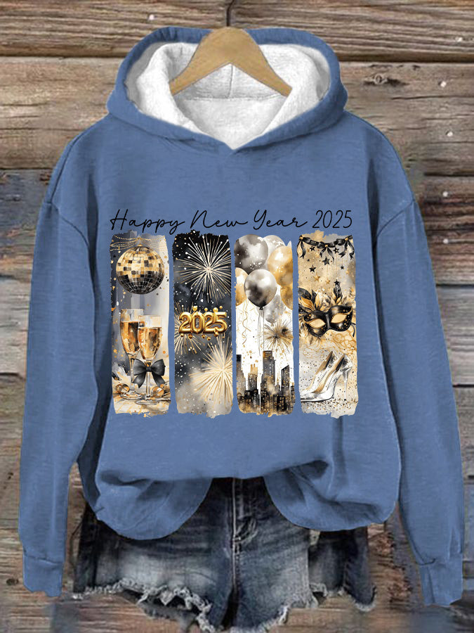 Women's Happy New Year 2025 Gold Glitter Print Hoodie