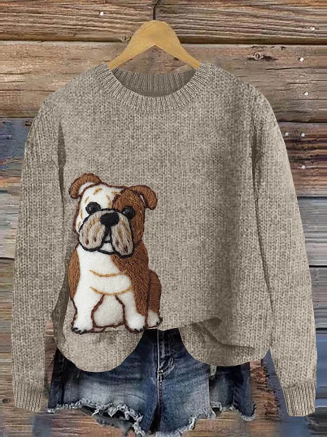 Cute Bulldog Applique Embroidery Cozy Sweater