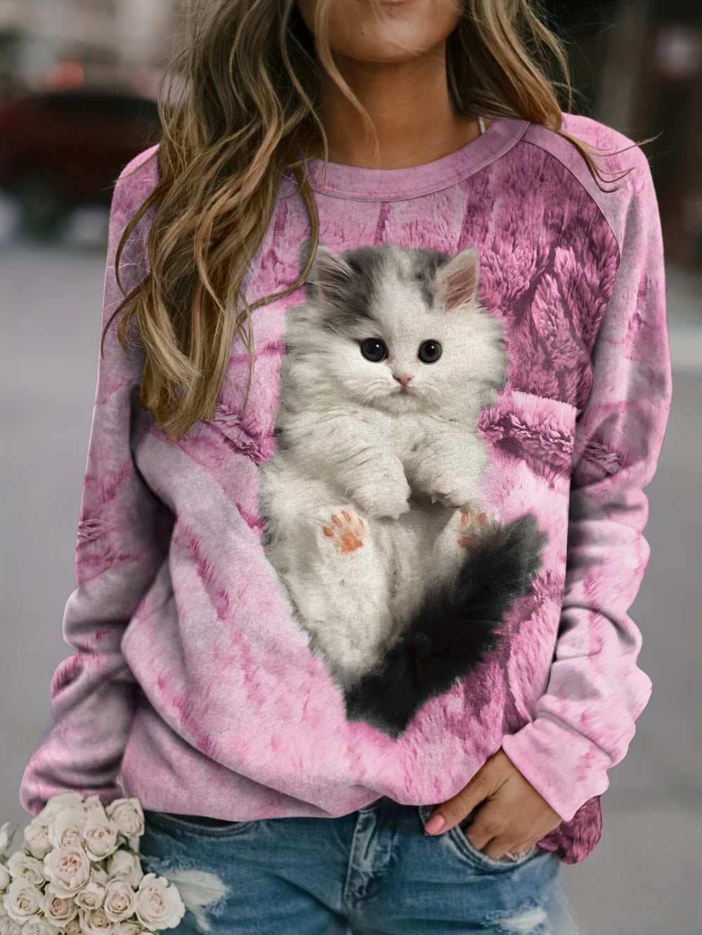 Women's 3D Cat Print Long Sleeve Crew Neck Sweatshirt