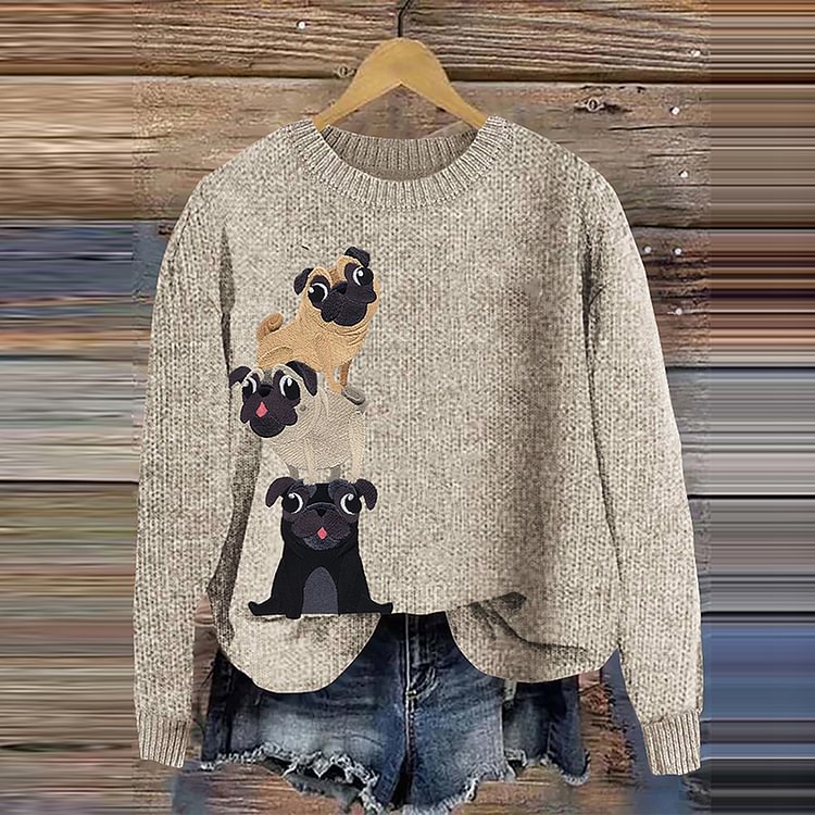 Cute Pug Embroidery Art Women's Cozy Sweater