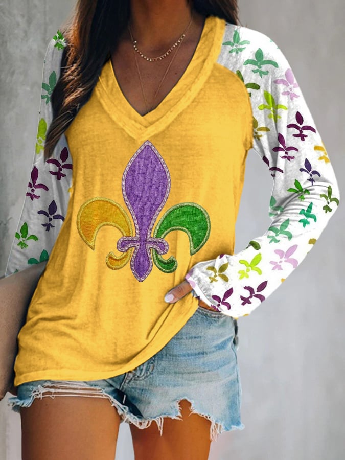 Women's Vintage Mardi Gras Print V Neck T-Shirt