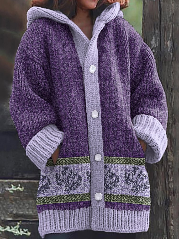 Scotland Thistle Print Knit Hooded Cardigan