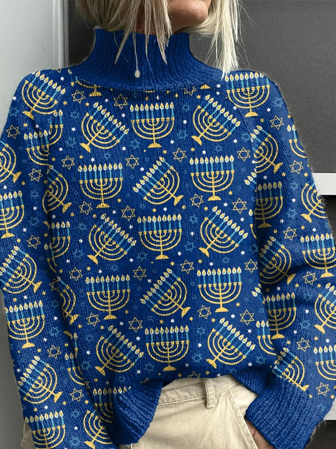 Women's Happy Hanukkah Blue Menorah Print Casual Turtleneck Sweater