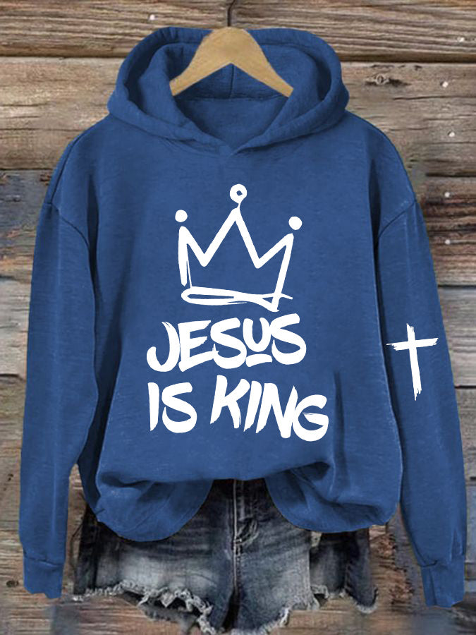 Women's Jesus Is King Cross Printed Casual Hoodie