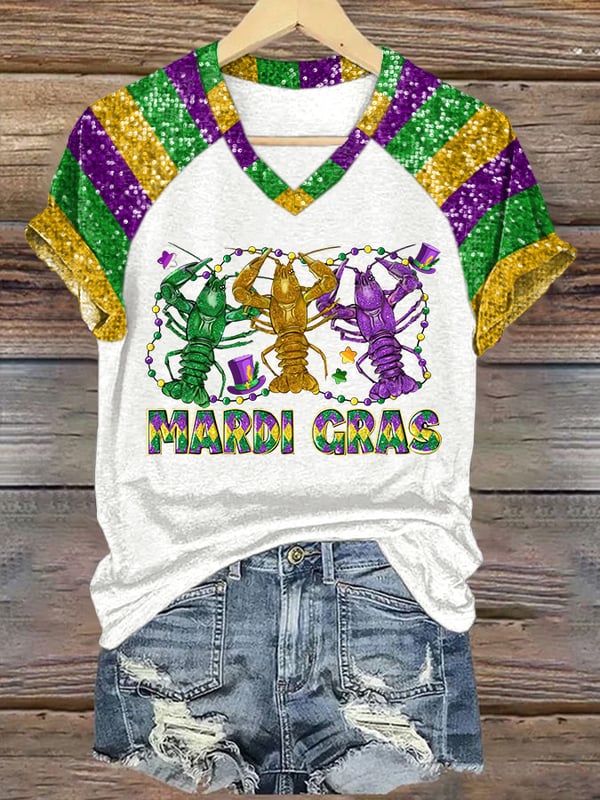 V Neck Retro Mardi Gras Crawfish Print T-Shirt