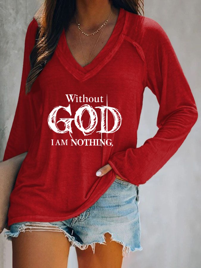 Damen Vintage Faith „Ohne Gott bin ich nichts“, bedrucktes Freizeit-T-Shirt mit V-Ausschnitt