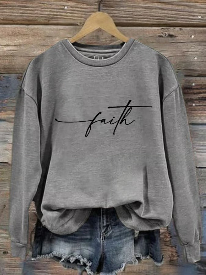 Women's Christian Cross Printed Round Neck Long Sleeve Sweatshirt