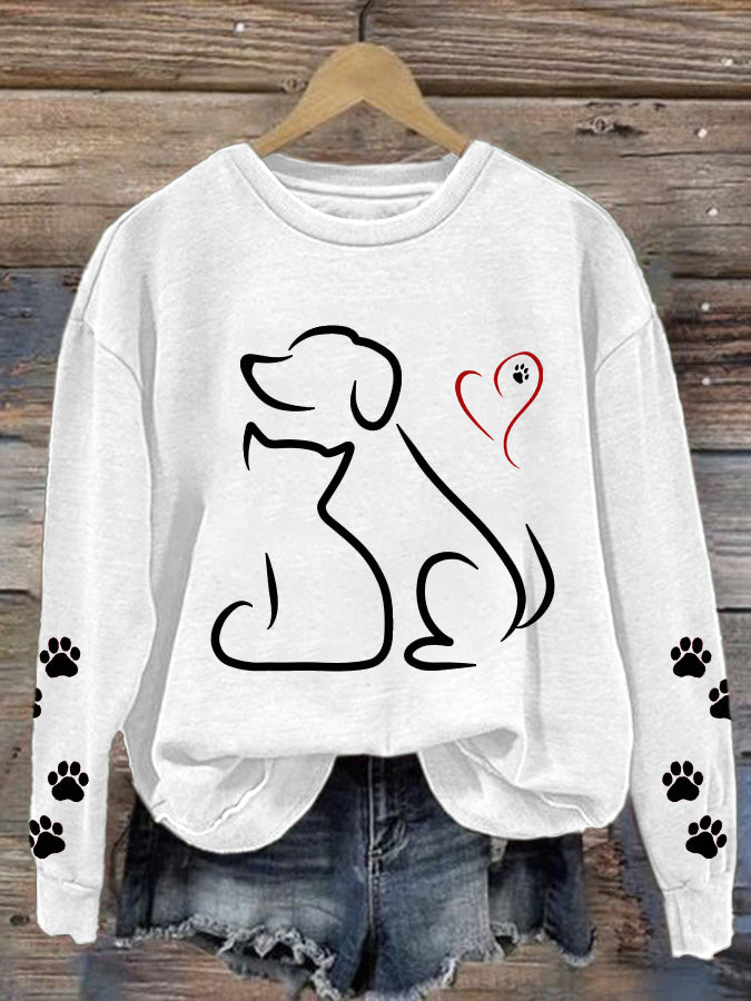 Dog and Cat Line Art Friendship Print Comfy Sweatshirt