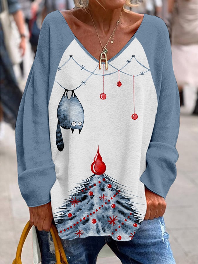 Women's Christmas Cute Cat Printed Casual Top