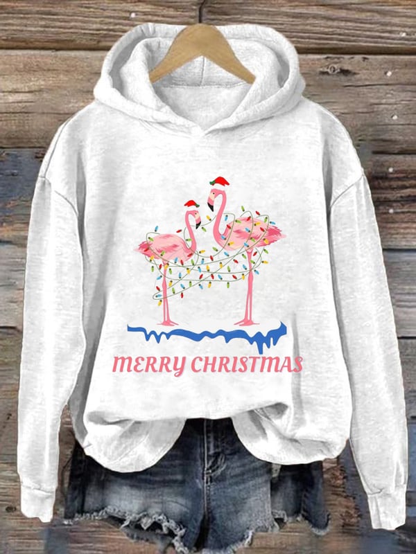 Women's Christmas Flamingo Print Casual Hoodie