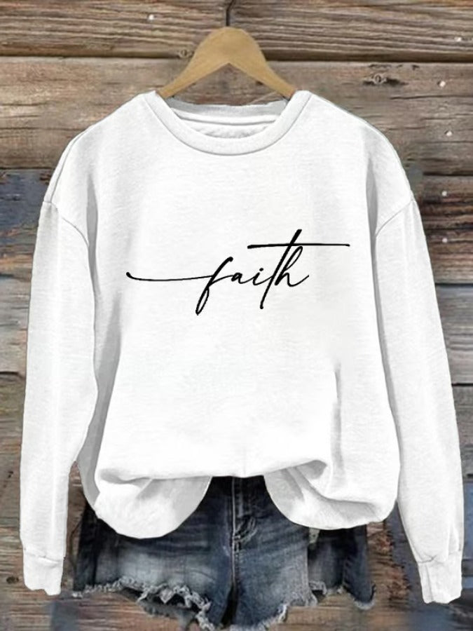 Women's Christian Cross Printed Round Neck Long Sleeve Sweatshirt