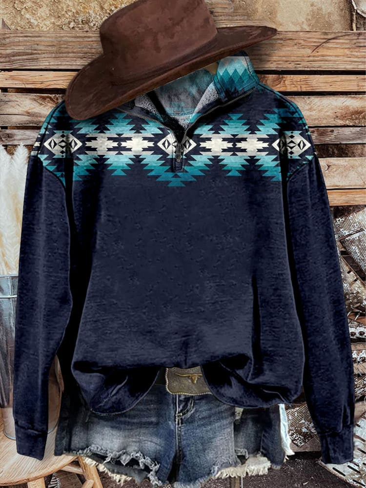 Vintage Aztec Style Print Casual Long Sleeve Zip Sweatshirt