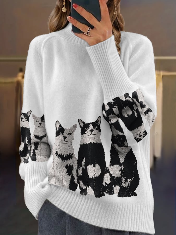 Womens Casual Cat Print Sweater