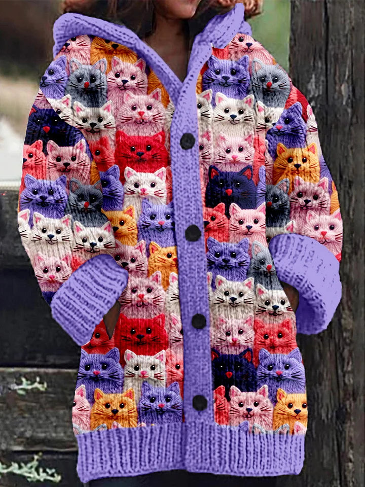 Colorful Spring Cats Pattern Cozy Hooded Cardigan