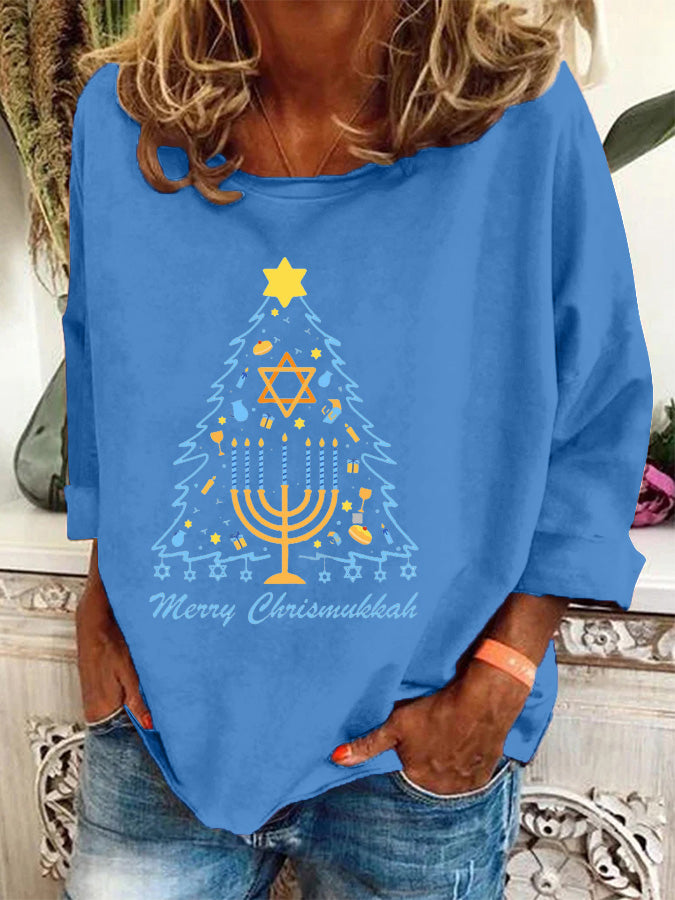 Women's Hanukkah Shalom Bitches Print Casual Long-Sleeve Top