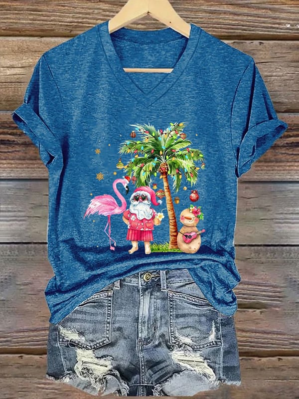 Women's Christmas Palm Tree Flamingo Print V-Neck T-Shirt