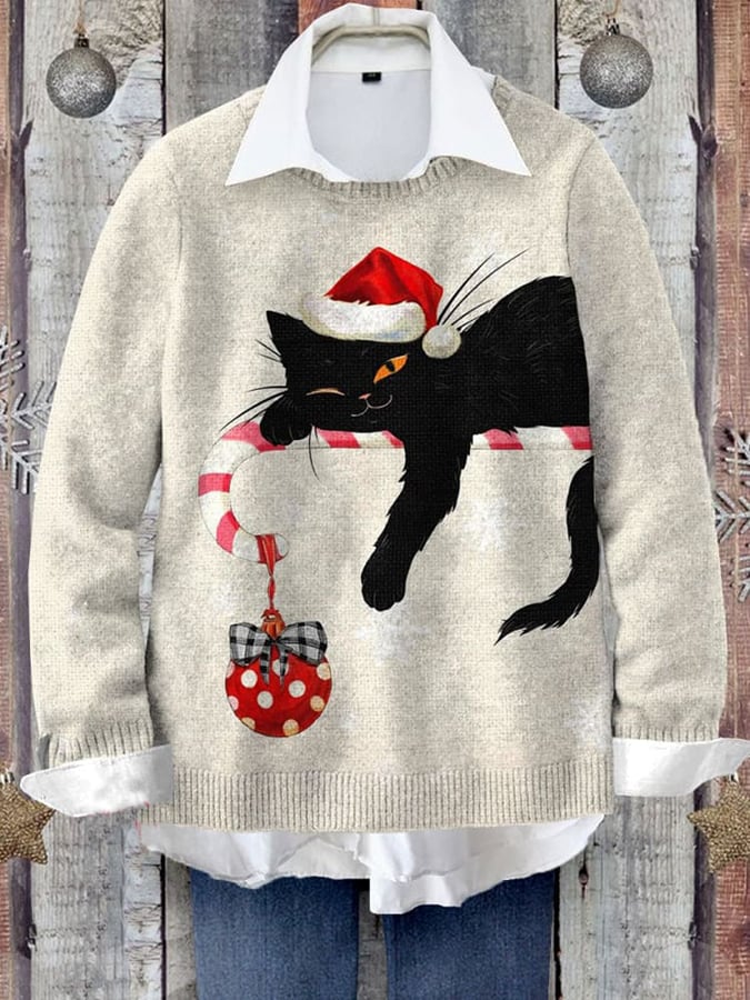 Damen Schwarzer Katzen Weihnachtskunst Gestrickter Freizeitpullover