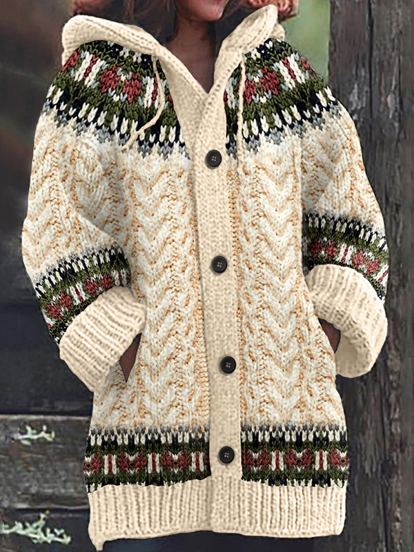 Women's Vintage Cute Cats Print Knitted Hooded Cardigan