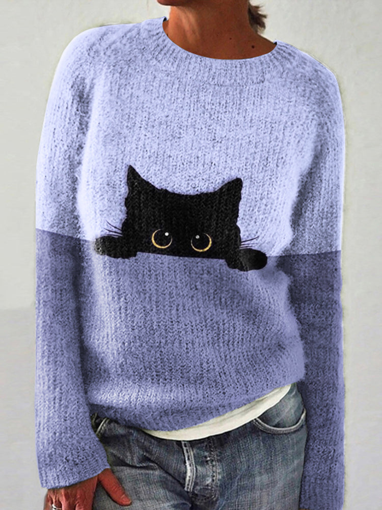 Abstract Creative Peek-A-Boo Black Cat Painting Art Print Knitted Pullover Sweater