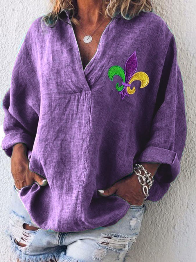 Women's Purple Mardi Gras V Neck Top