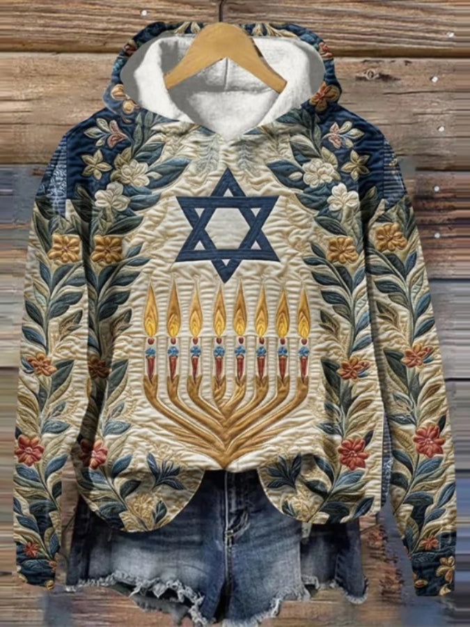 Women's Hanukkah Menorah Flower Print Casual Hoodie