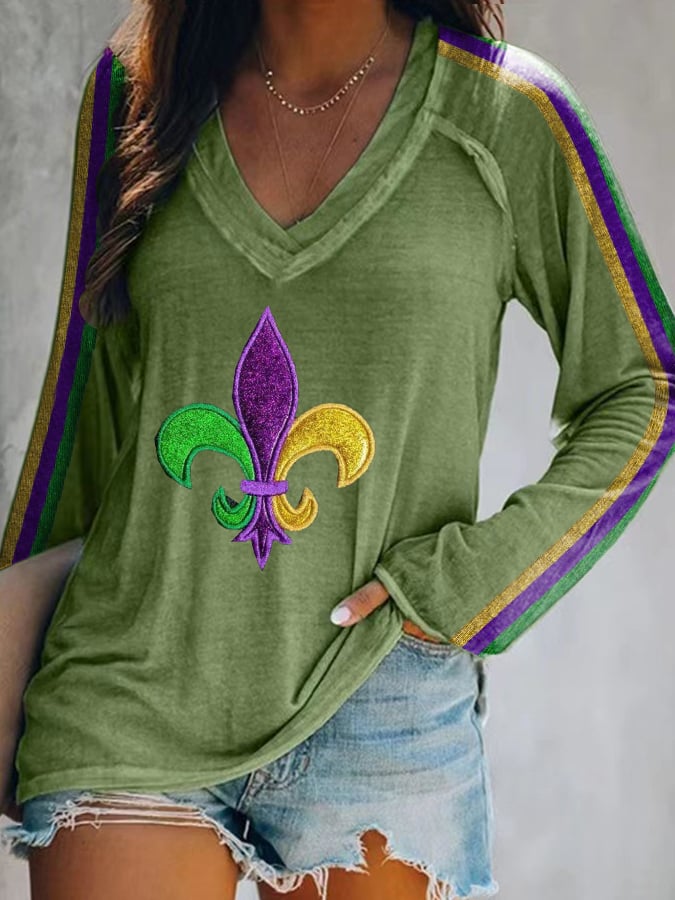 Women's Mardi Gras Print V-Neck T-Shirt