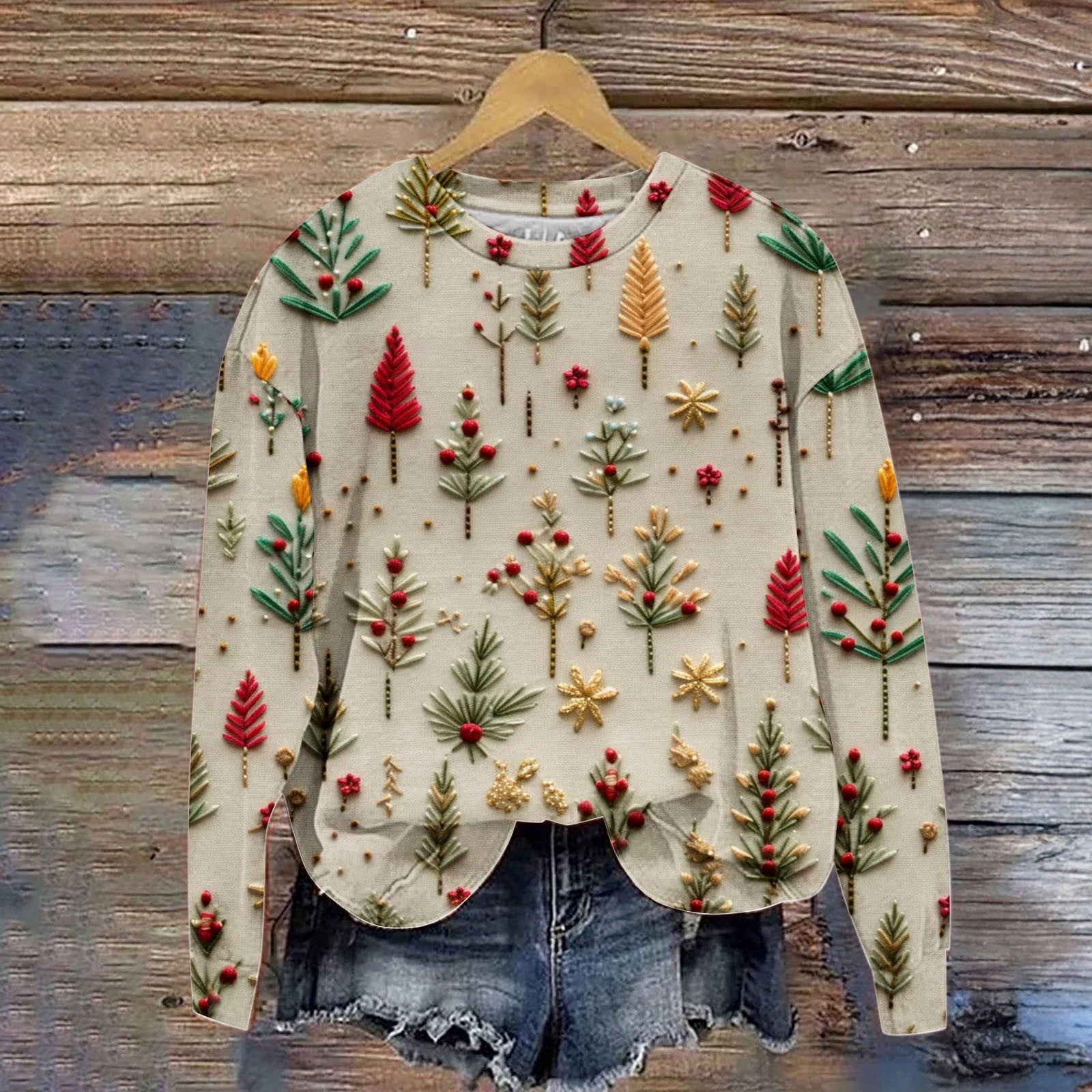 Lässiges Sweatshirt mit Weihnachtsbaum-Print für Damen