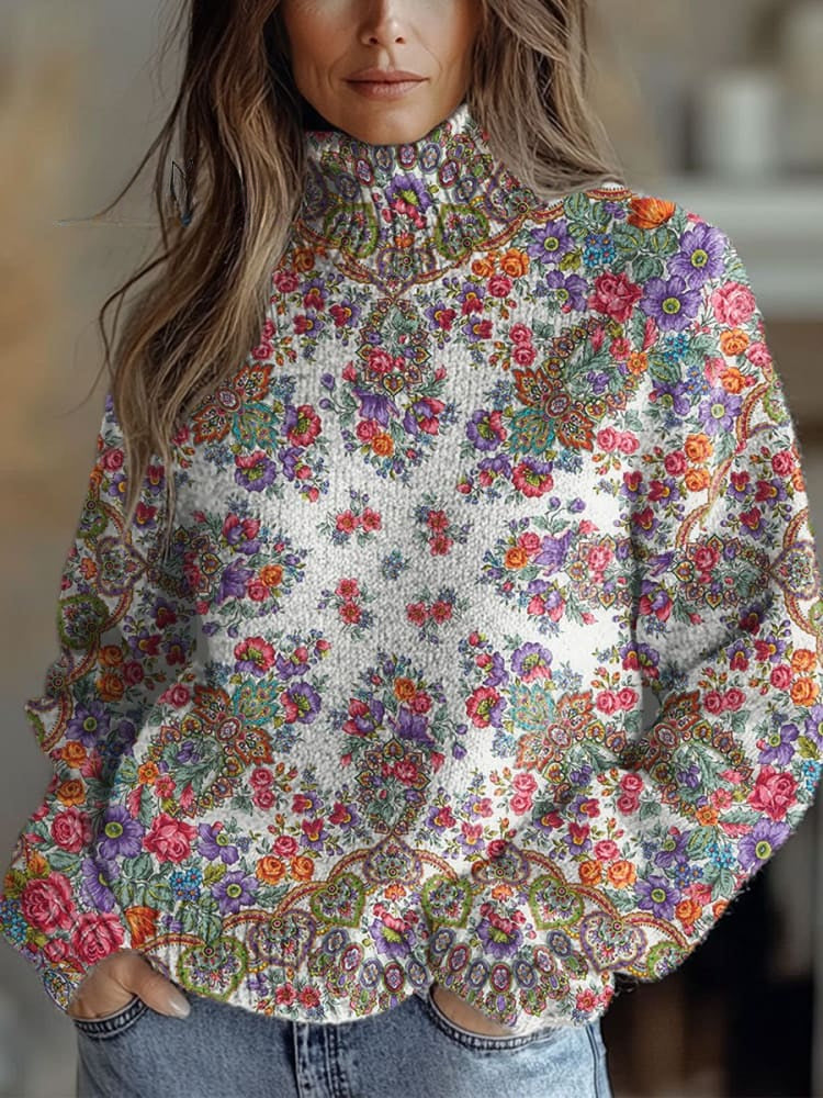 Vintage Symmetrical Flowers Print Knit Turtleneck Pullover Sweater