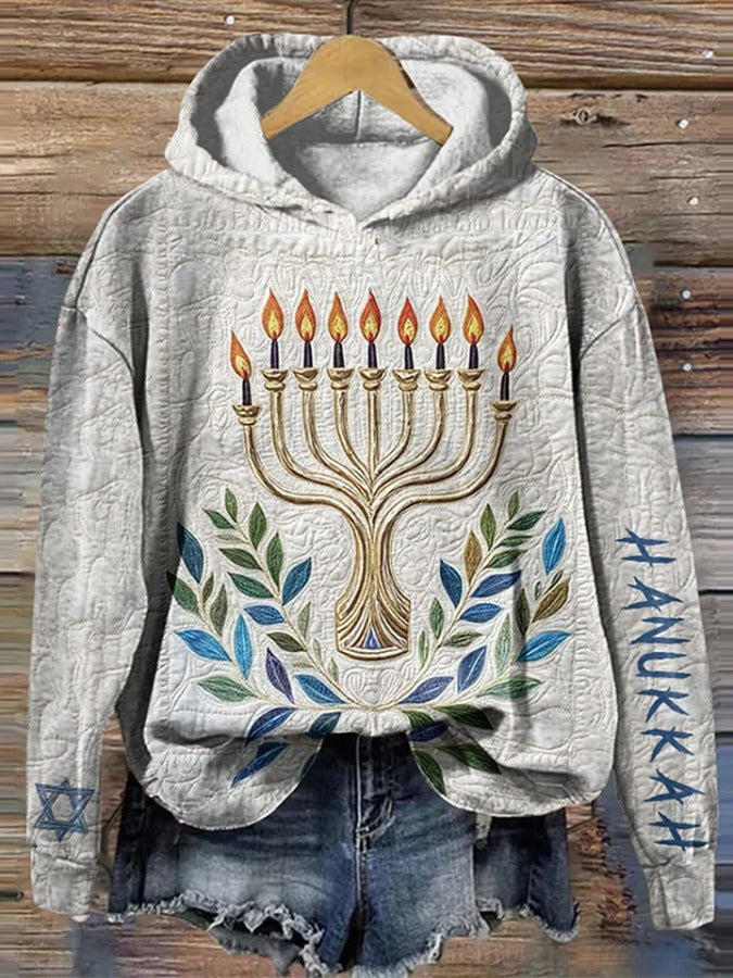 Women's Hanukkah Menorah Print Long Sleeve Hoodie