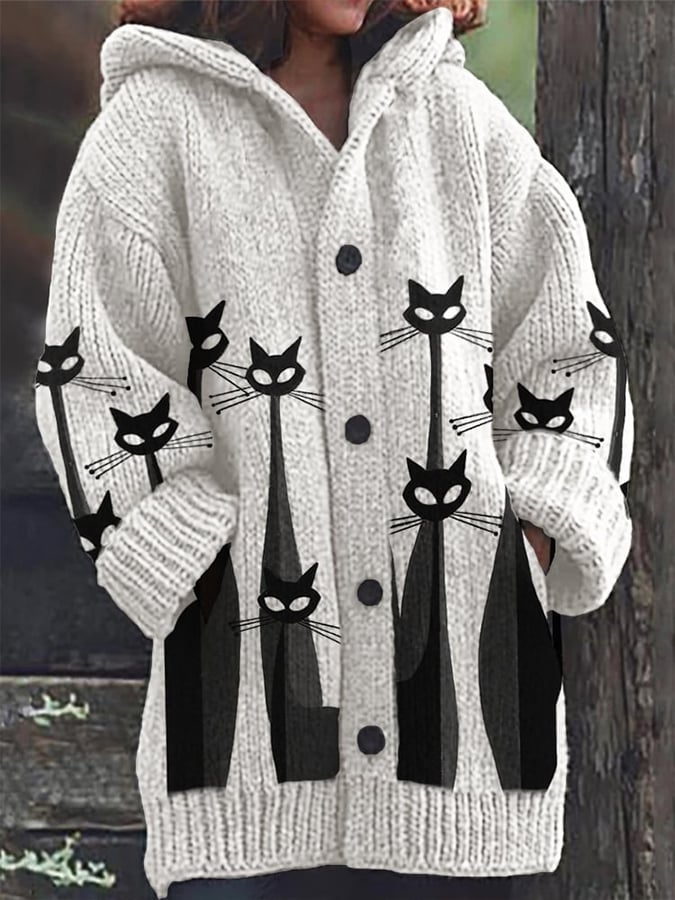 Women's Vintage Cute Cats Print Hooded Cardigan