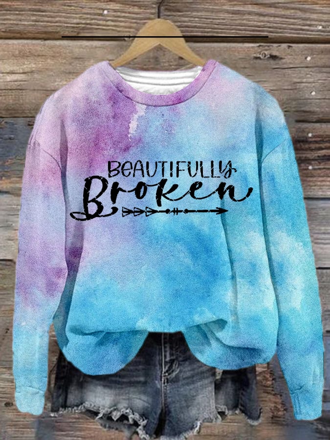 Lässiges Sweatshirt mit Country-Musik-Aufdruck „Beautifully Broken“ für Damen