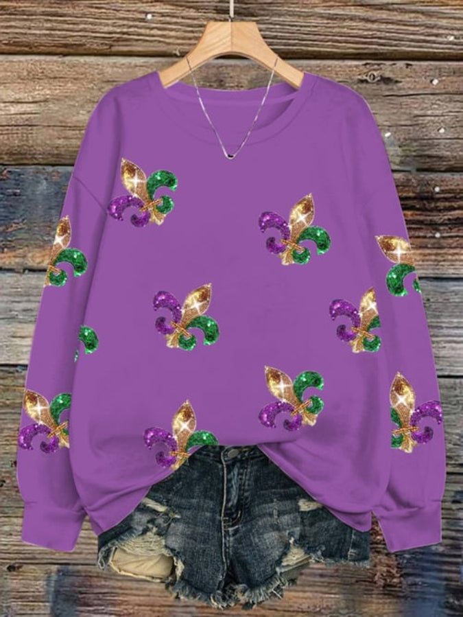 Women's Mardi Gras Printed Round Neck Sweatshirt