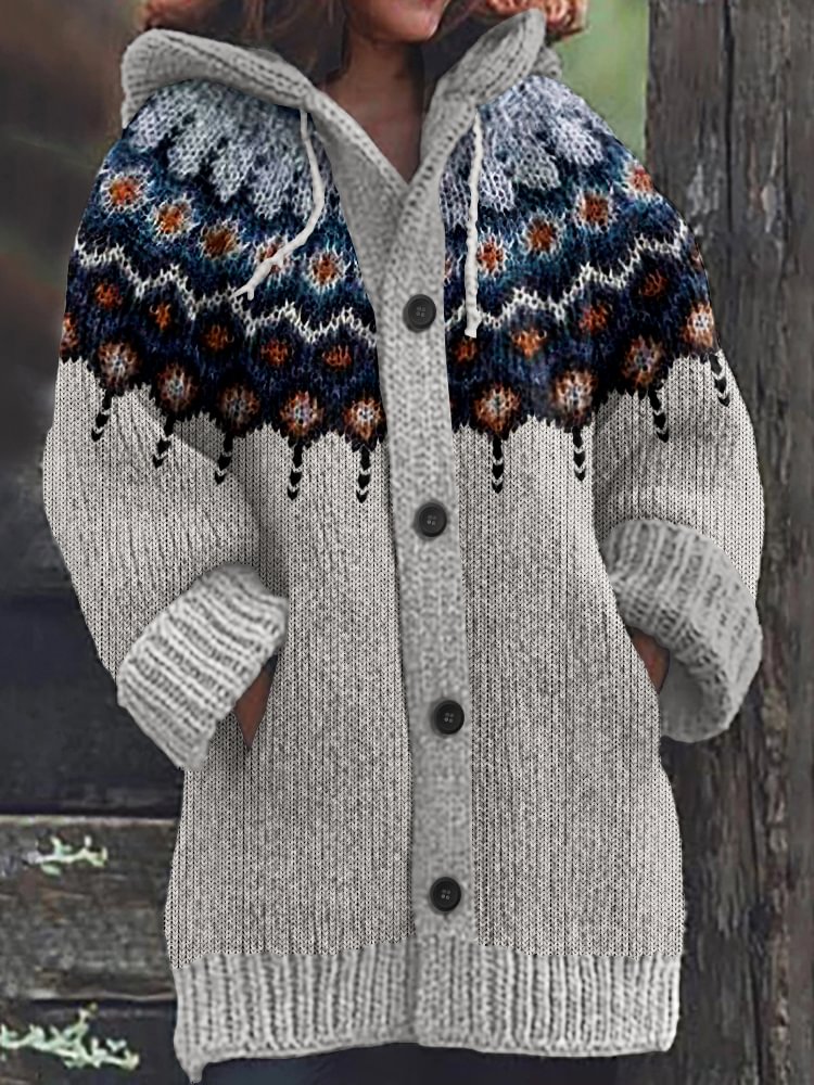 Retro Geometric Knitted Button Down Cozy Hoodie Sweater