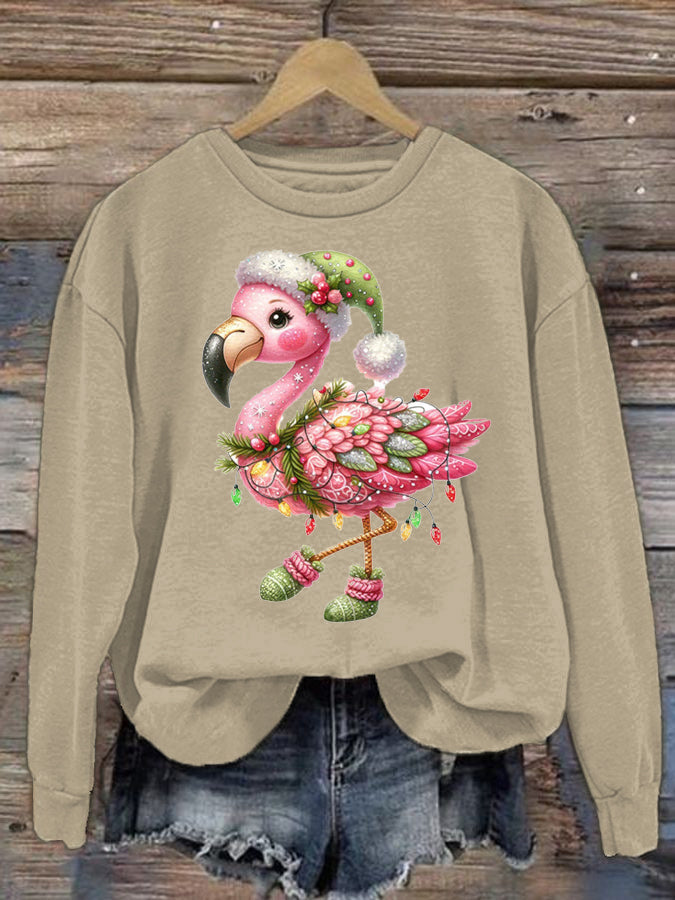 Women's Christmas Flamingo Printed Crew Neck Sweatshirt