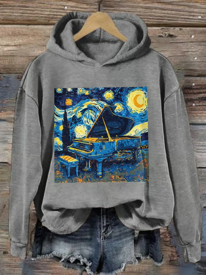 Retro Starry Night With A Musical Twist Print Hoodie