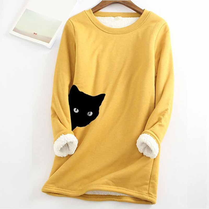 Lovely Cat Printed Thickened Fleece Warm Autumn Winter Sweatshirt