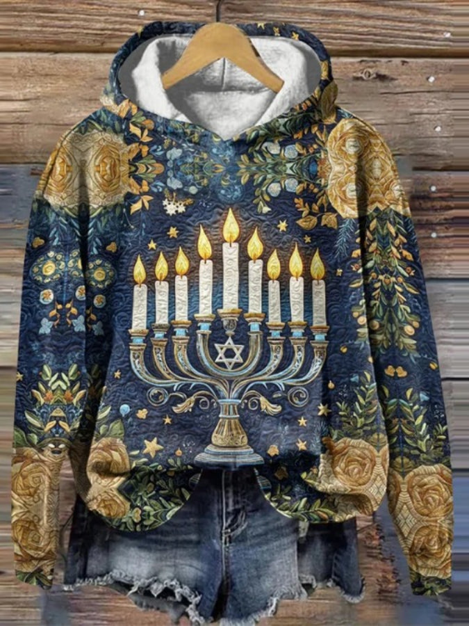 Women's Hanukkah Menorah Flower Print Long Sleeve Hoodie