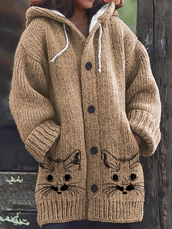 Women's Vintage Cute Cats Print Hooded Cardigan