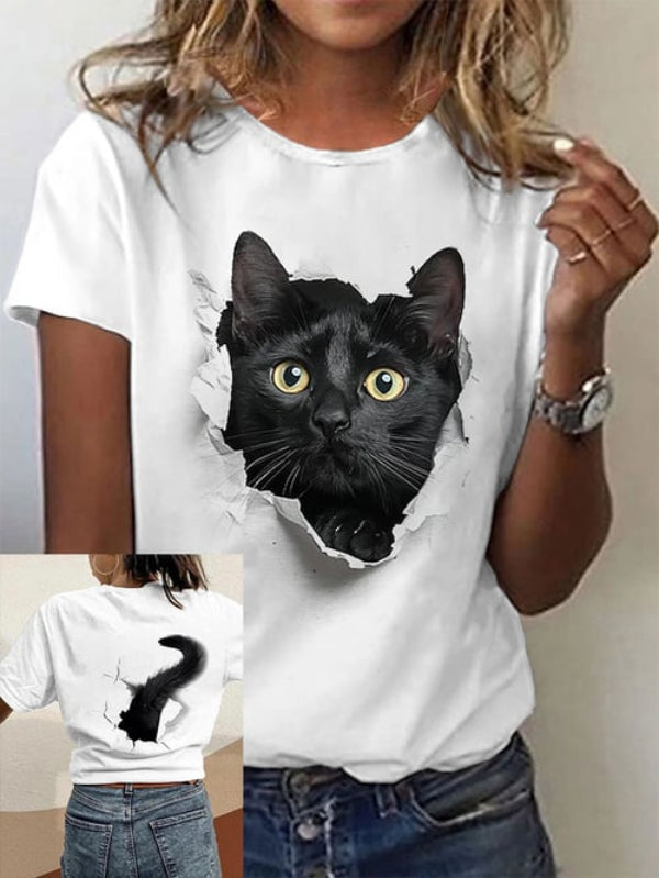 Women's Funny Cute Black Cat Print Casual Tee