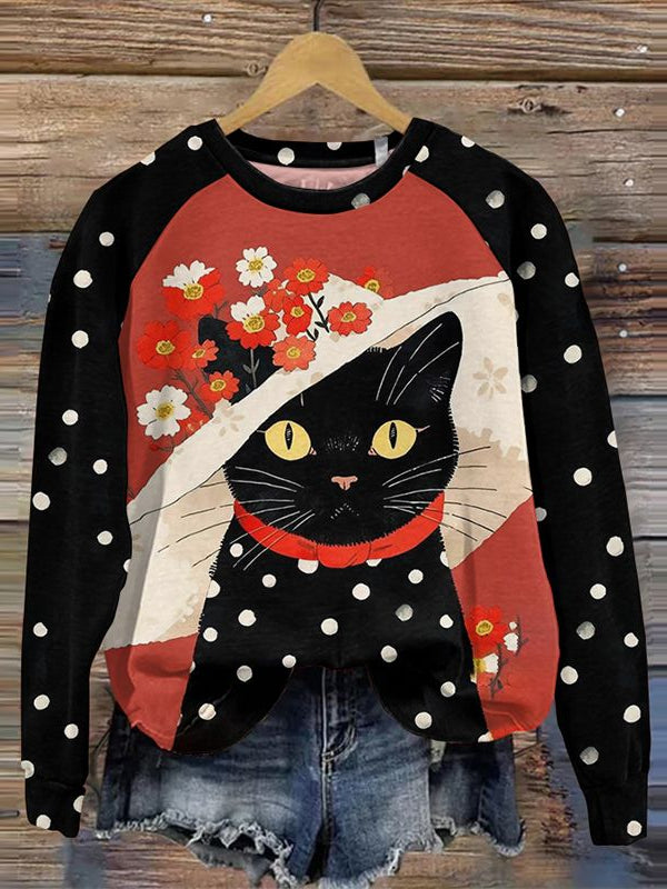 Women's Cat Print Long Sleeve Sweatshirt