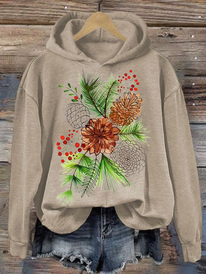 Women's Christmas Pine Nut Print Hooded Sweatshirt