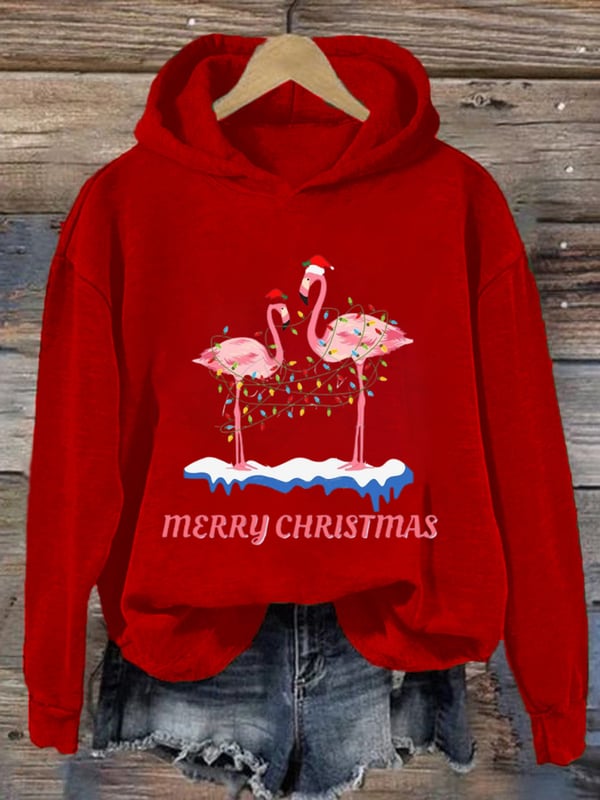 Women's Christmas Flamingo Print Casual Hoodie