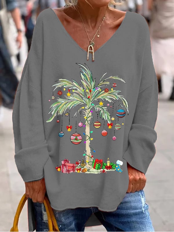 Women's Christmas Palm Tree Printed V-Neck Top