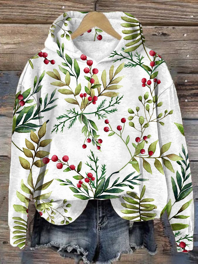 Women's Christmas Holly Print Hooded Sweatshirt