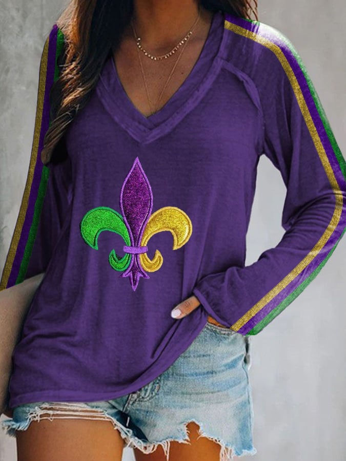 Women's Mardi Gras Print V-Neck T-Shirt